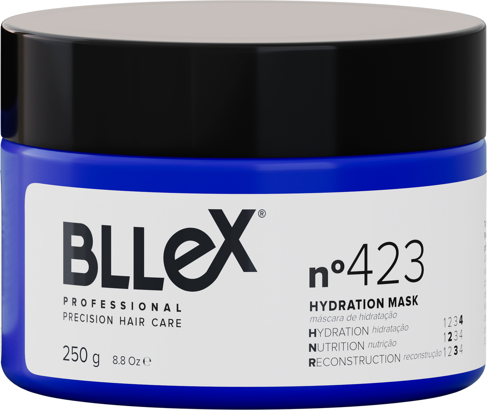 Máscara de hidratação Bllex Professional nº 423 de 250g, indicada para cuidados capilares precisos, em pote cilíndrico azul com tampa preta.