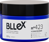 Máscara de hidratação Bllex Professional nº 423 de 250g, indicada para cuidados capilares precisos, em pote cilíndrico azul com tampa preta.