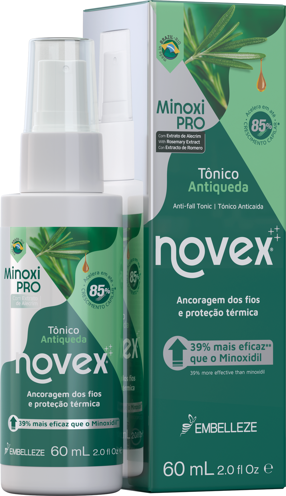 Tônico antiqueda Novex Minoxi PRO da Embelleze de 60ml, indicado para ancoragem dos fios e proteção térmica, em frasco spray branco ao lado de sua embalagem de caixa verde.
