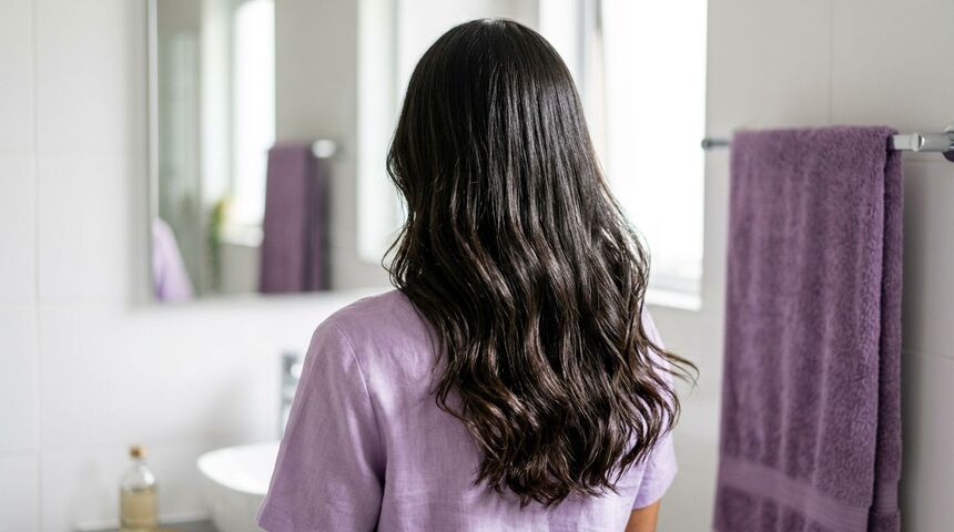 Mulher com cabelo longo em banheiro moderno