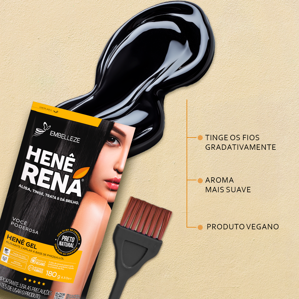 Sachê de Henê Gel Rená Preto Natural Embelleze de 180g, mostrado ao lado de uma amostra do gel preto brilhante, um pincel aplicador e destaques das propriedades do produto vegano sobre fundo bege.