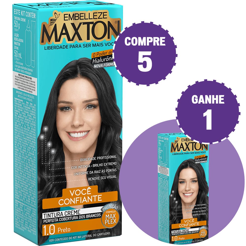 Kit Compre 5 Tinta De Cabelo Maxton Morena +Confiante Preto 1.0 e Ganhe 1