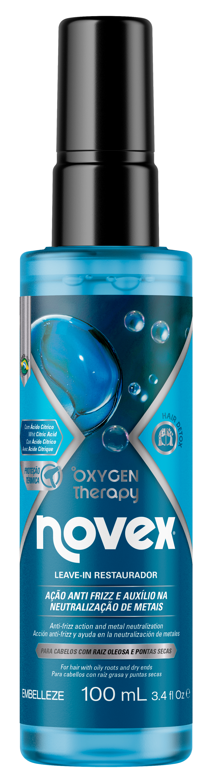 Leave-in restaurador Novex Oxygen Therapy da Embelleze de 100ml, indicado para cabelos com raiz oleosa e pontas secas, em frasco azul com tampa preta.