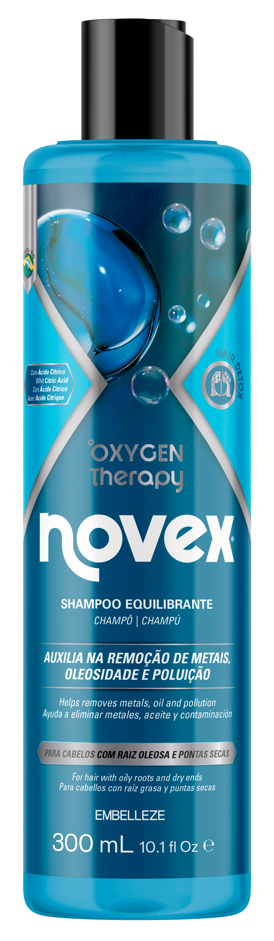 Shampoo equilibrante Novex Oxygen Therapy da Embelleze de 300ml, indicado para cabelos com raiz oleosa e pontas secas, em frasco azul com tampa preta.