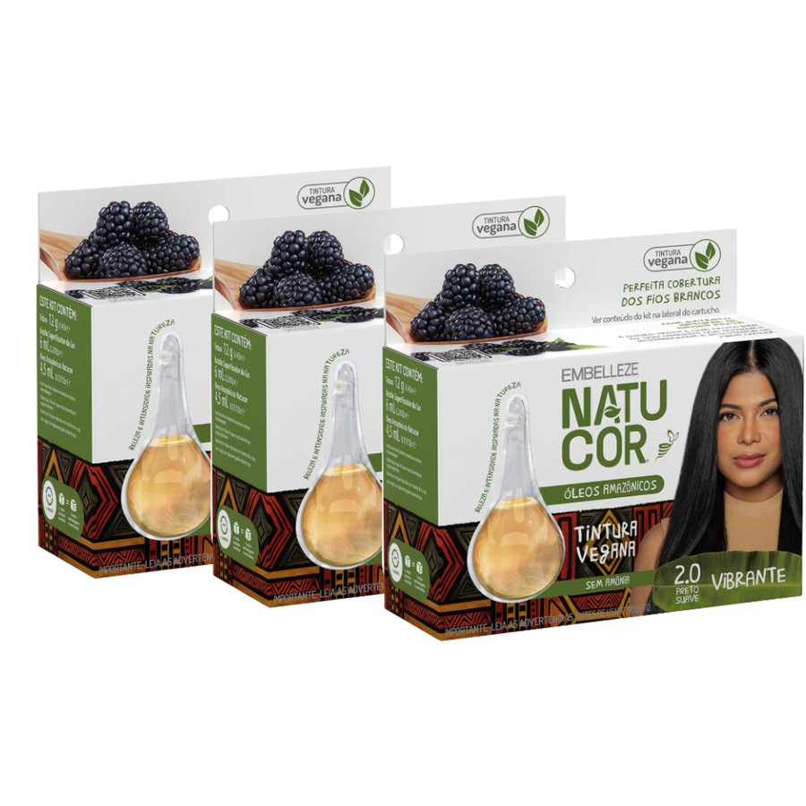 Kit 3 Tinta de Cabelo Natucor Óleos Amazônicos Preto Suave 2.0