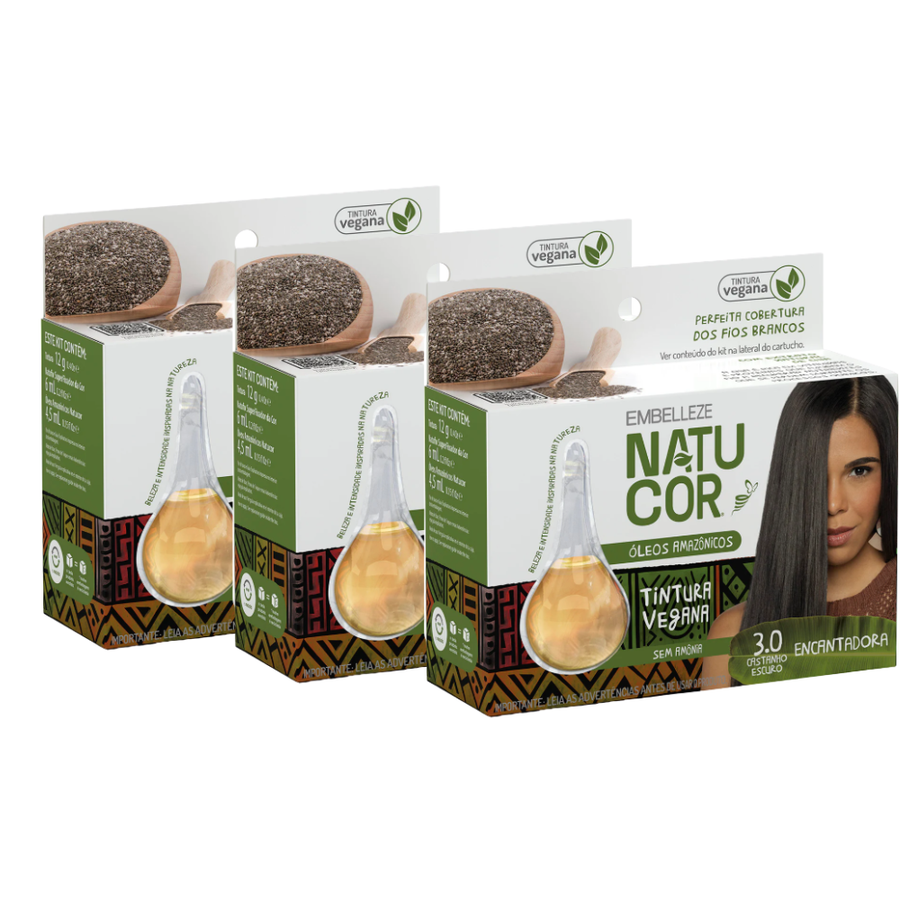 Kit 3 Tinta de Cabelo Natucor Óleos Amazônicos Castanho Escuro 3.0